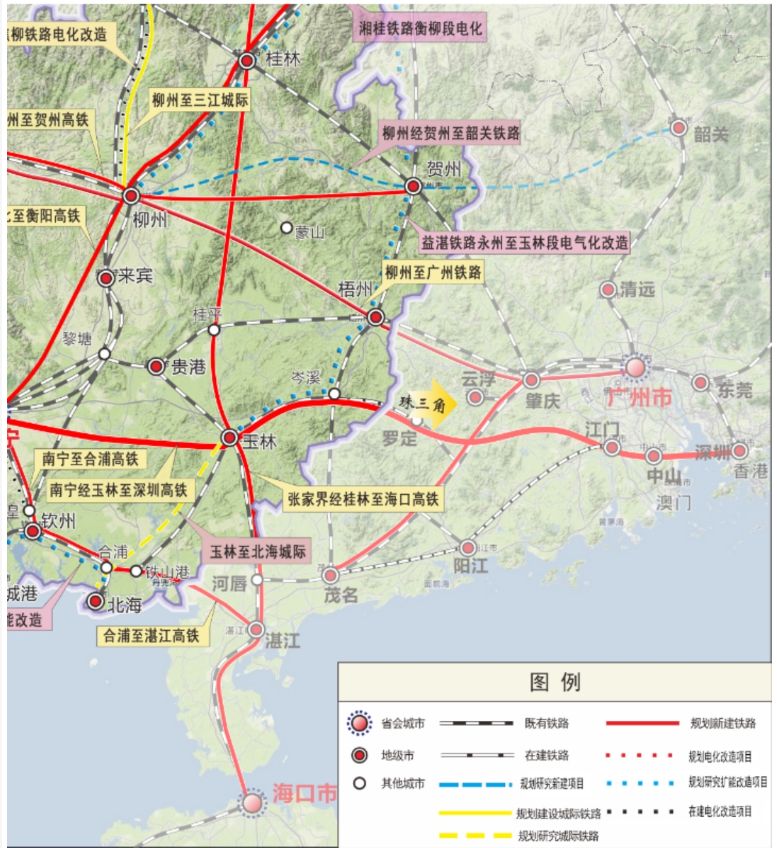 (图:南宁经玉林至深圳高铁线路,北海合湛高铁跨省联通线路规划)